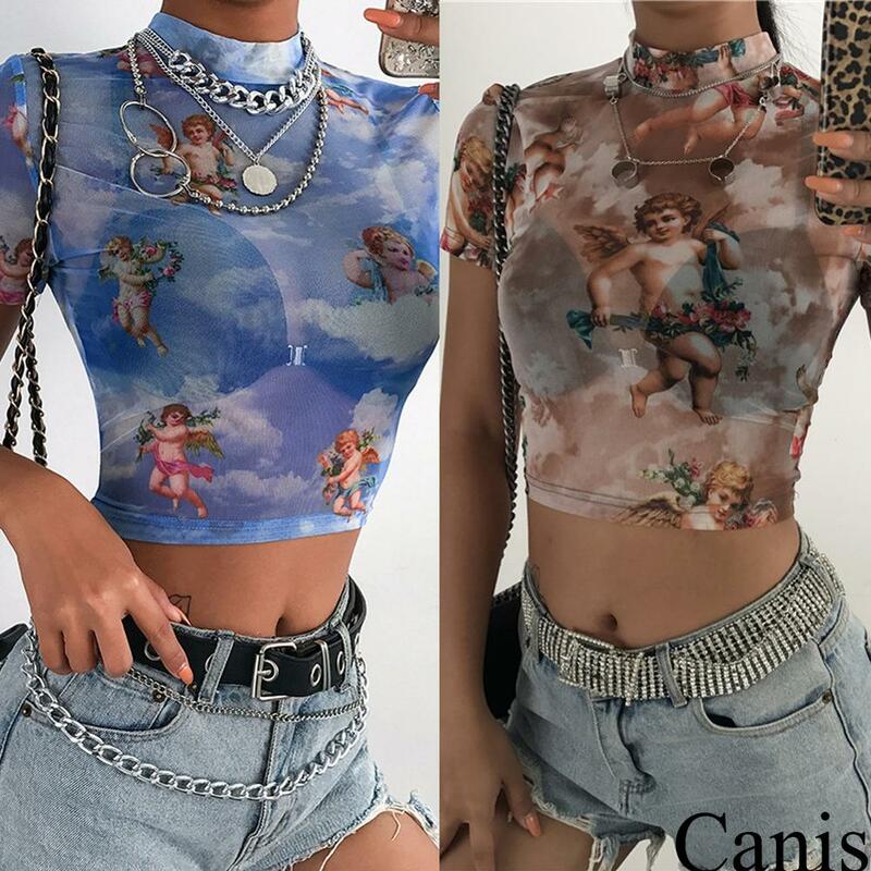 Camiseta Sexy de malla de Cupido para mujer, camisa de manga corta de verano, Tops transparentes, camiseta informal, Crop Tops para mujer