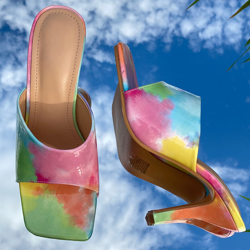 Женские летние тапочки на квадратном каблуке, повседневные туфли радужной расцветки, большие размеры 42, 2021