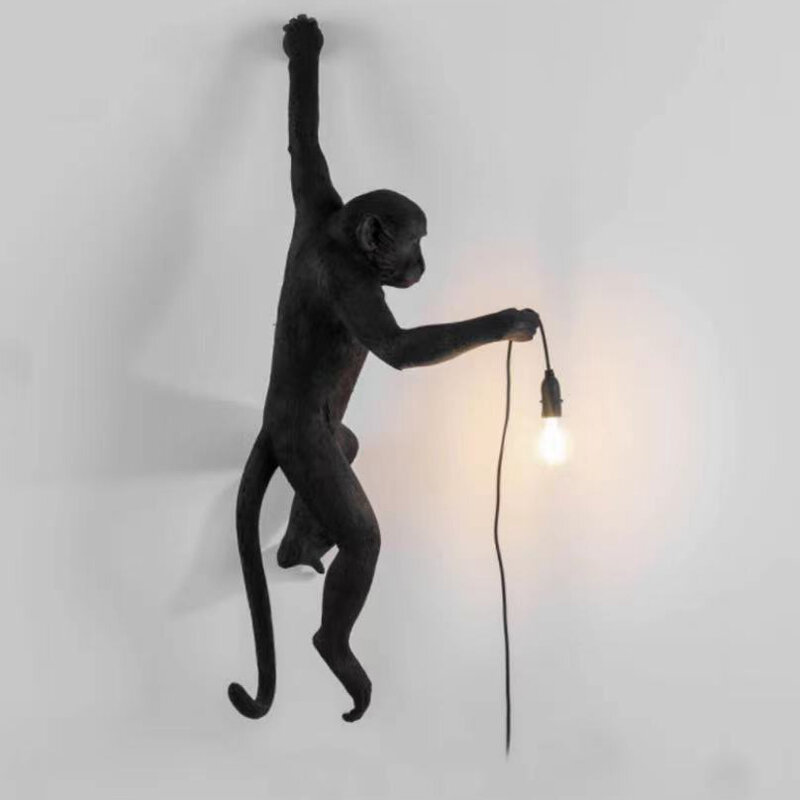 LED Resin Monyet Liontin Cahaya Seleti Hitam Putih Emas Modern Rami Tali Lampu untuk Ruang Tamu Seni Ruang Tamu Belajar Lampu Kilau