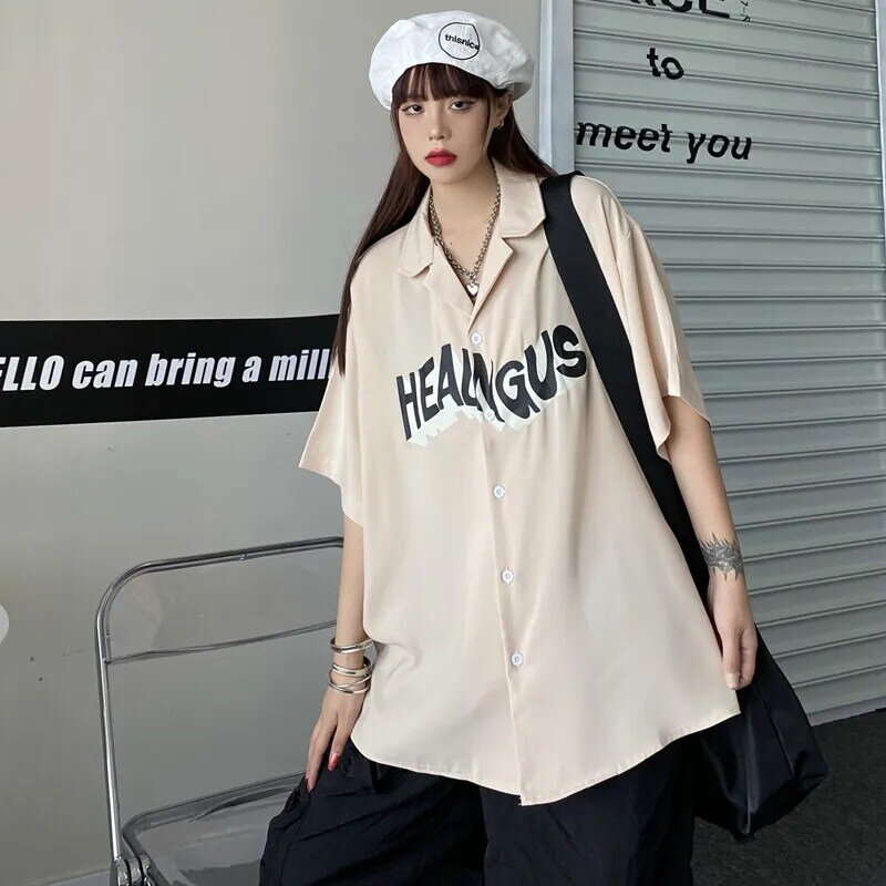 Женская свободная рубашка с коротким рукавом, летняя японская классическая рубашка в стиле оверсайз с буквенным принтом, корейский стиль, ...