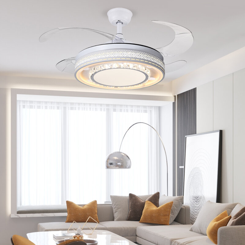 Lámpara de araña nórdica de lujo para sala de estar, ventilador de interior silencioso y oculto, hoja de 2022 V, 42cm, cristal de atenuación sin electrodos, 220