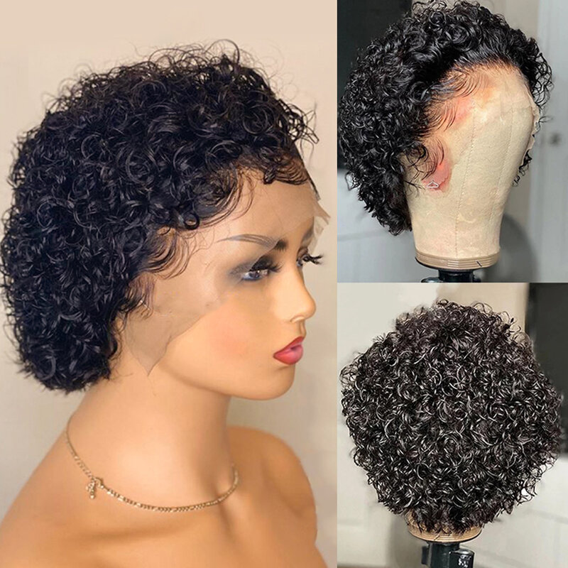Peluca de cabello humano rizado para mujer, postizo con corte Pixie, color marrón, transparente, prearrancado, 13x1