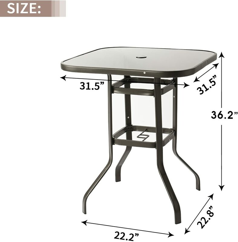 Sunmthink – Table de Bar d'extérieur, Table de bistrot, dessus en verre, tous temps, cadre métallique, meubles carrés trempés, noir