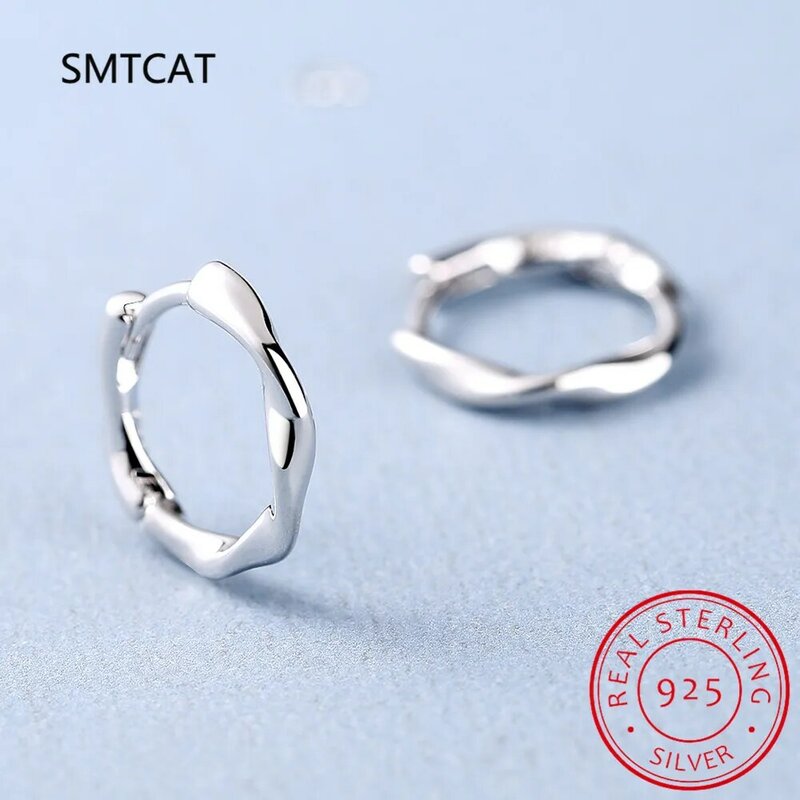 SMTCAT 925 Sterling srebrne kolczyki koła dla kobiet dziewczyna Twist Wave kolczyki eleganckie zapobieganie alergii biżuteria S-E1350