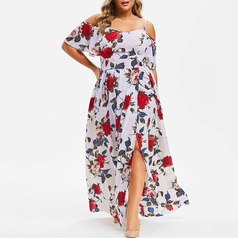 Sukienka damska lato 2021 Plus rozmiar suknia na co dzień Femme z krótkim rękawem off-ramię sukienki z rozcięciem Vestidos szaty