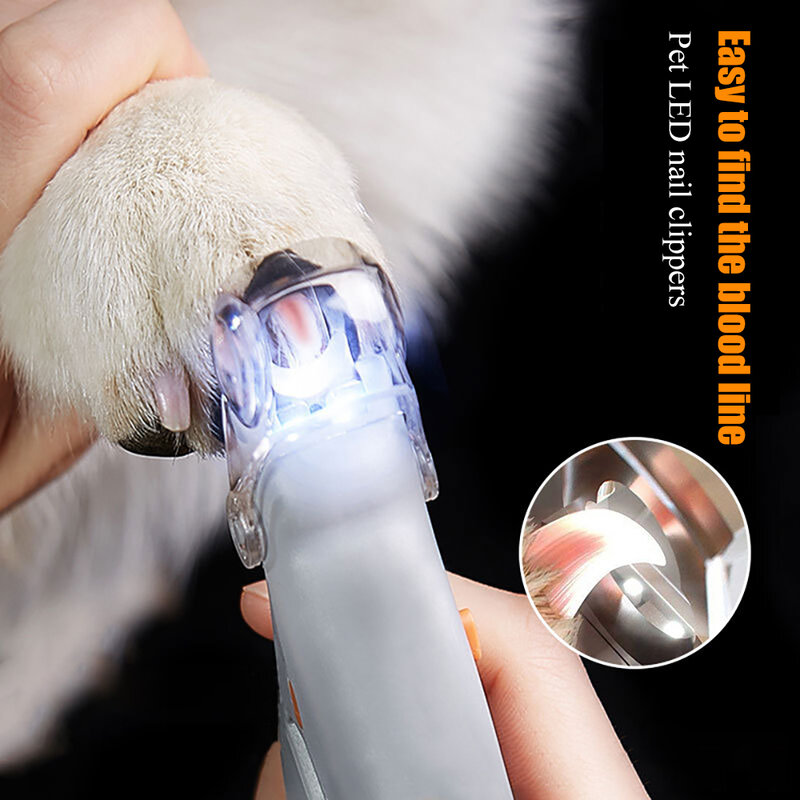 Profesional de mascotas cortaúñas tijeras de mascota perro gato uñas dedo del pie garra tijeras y cortaúñas luz LED condensador de ajuste para los animales para suministrar