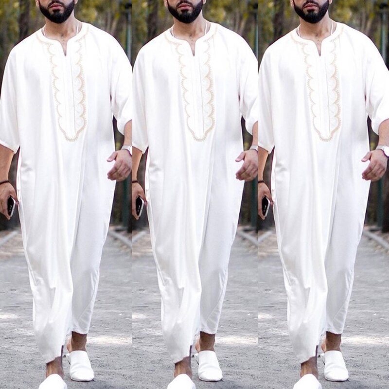 Mens Printing Muslim Shirt Kaftan Robe Long Sleeve Dubai Long Loose Gown Thobe L41B