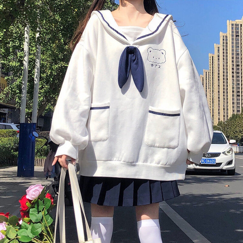 Japonés, Lolita chica Sailor Kawaii Collar Jk estampado de oso suelto sudadera lindo Harajuku estilo Preppy dulce Jersey
