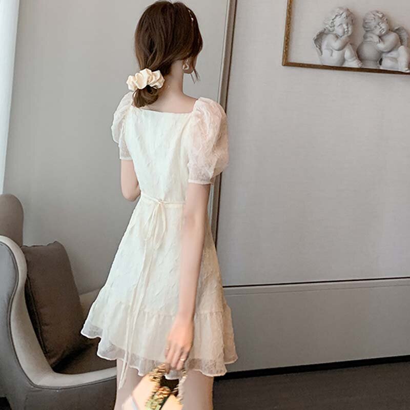 Francuski Vintage elegancka słodka szyfonowa Mini sukienka dla kobiet bufiaste rękawy Retro sukienki z dekoltem w kształcie litery v urząd Lady Casual Dress 2021 lato