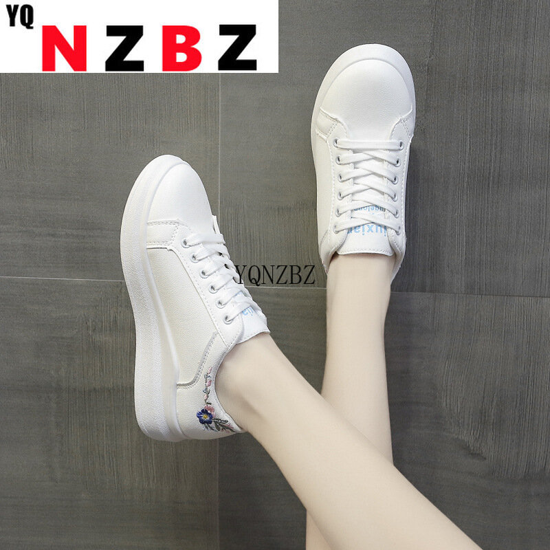 Women Classic White Sneakers Ladies Embroidery Flower Lace Up Solid Color Leather Flat Platform Females Casual Vulcanized Shoes