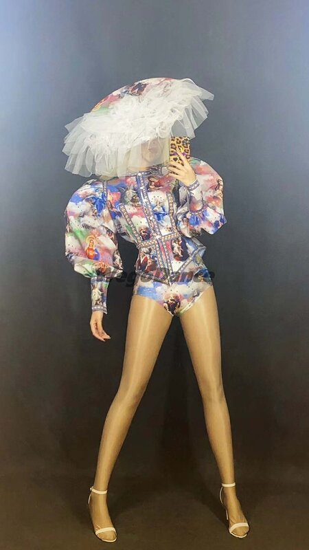 Sexy Colorful Print Long Sleeve Shirt Costume Stage Jacket Dance Birthday Clothing Women Rave Show Wear Suit
