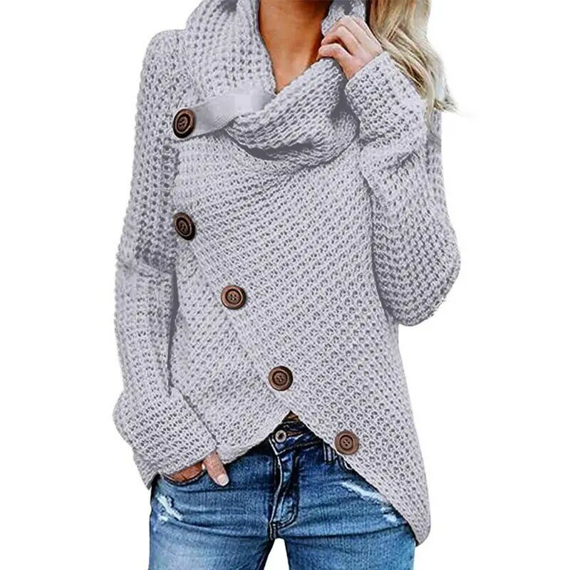 Womens Winter Autumn Long Sleeve Pullover Tops Turtleneck Oblique Buttons Waffle Knitted Irregular Hem Loose Sweatshirt