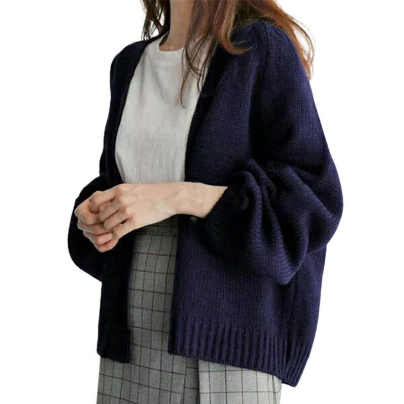 Fashion Cardigan Autumn Women Solid Color Knitted Open Front Cardigan Long Puff Sleeve Warm Coat 2020