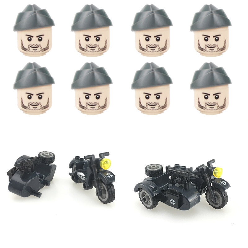 Brinquedos de blocos de construção de motocicletas, segunda guerra mundial, militar da alemanha, exército, três rodas, chapéu de barco, armas, peças de capacetes, tijolos