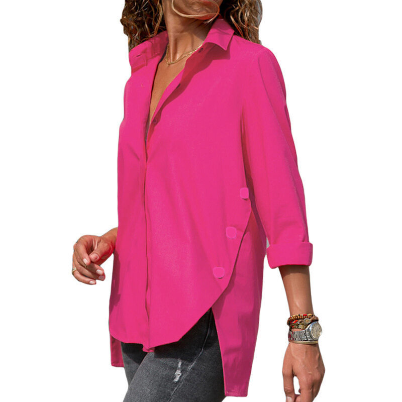 Camisa feminina social assimétrica, blusa feminina social cor sólida manga comprida gola virada para baixo camisa para primavera verão