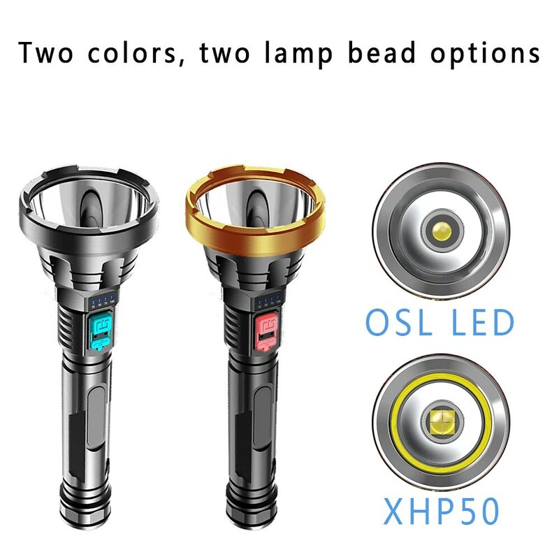 Linterna de luz LED potente XHP50, linterna táctica recargable por USB, con batería integrada, nuevo estilo, 2021