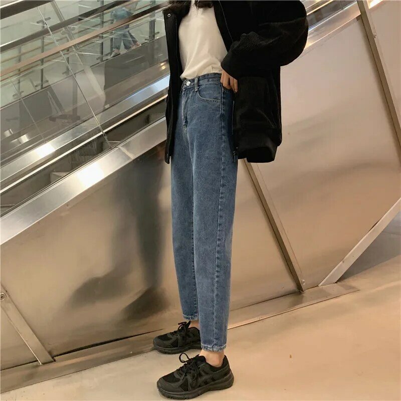 Musim Gugur Versi Korea 2020 Baru Ramping Semua Pertandingan Celana Longgar Pinggang Tinggi Lurus Sembilan Titik Jeans Garam Wanita Tipis