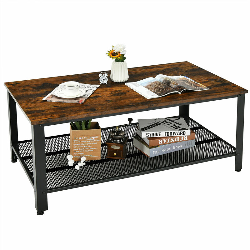 Журнальный столик с полкой для хранения и металлической рамой, древесно-коричневый, HW61492FG