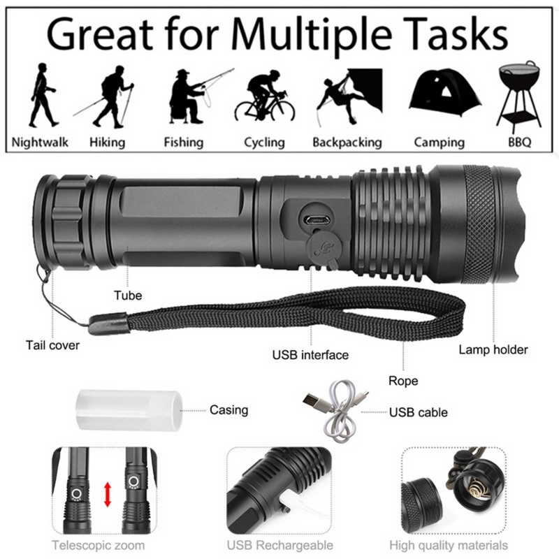 XHP50.2 Flashlight Torch Strong Light Zoom 5 Modes LED Light Rechargeable Use18650 or 26650 Battery Outdoor Camping Tactical