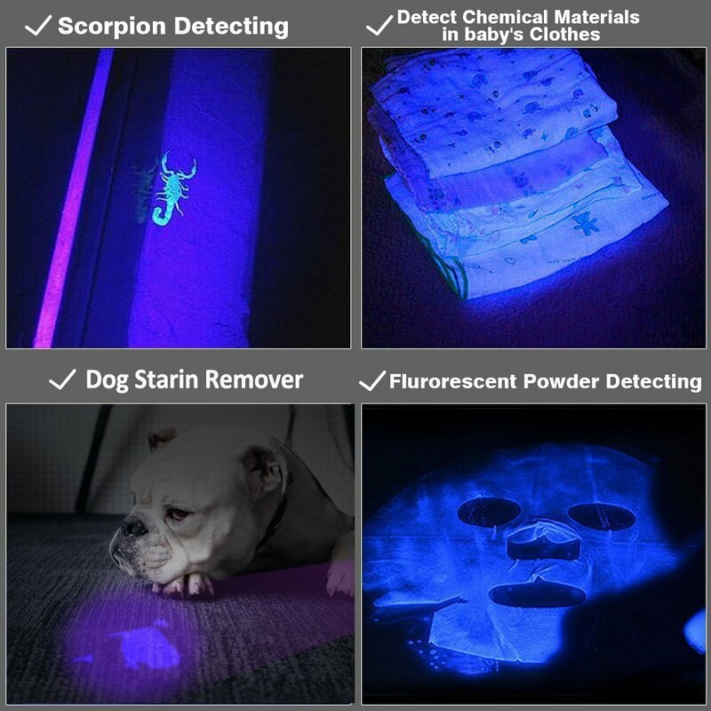 Linterna LED UV portátil con zoom, 395nm ultravioleta de luz negra, para marcador, verificador, detección de orina de mascotas