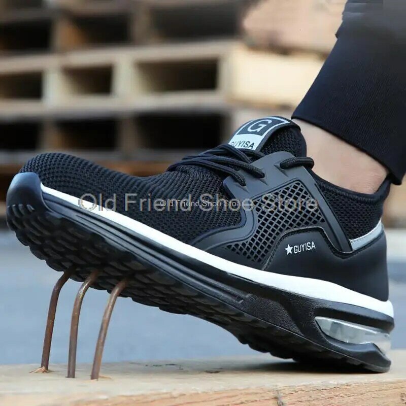 Sapatos de segurança homem indestrutível luz antiderrapante tênis de trabalho respirável masculino aço dedo do pé à prova de punctura botas de segurança de trabalho de malha de ar