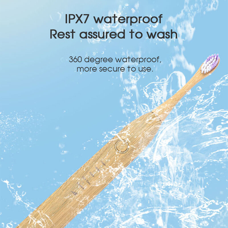 [Boi] material de madeira de bambu ipx7 com 3 cabeças de escova natural ambientalmente amigável dentes limpo aldult sonic escova de dentes elétrica
