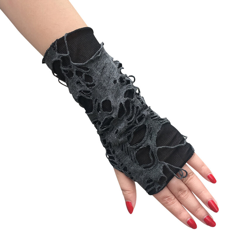 Fashion Women Half Finger Beggar Style Gloves for Halloween Black Ripped Punk Dark Cosplay Decoration Accessories