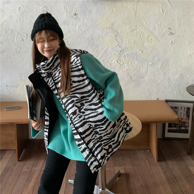 Moda nova coreano solto zebra dois lado algodão colete + camisola de malha