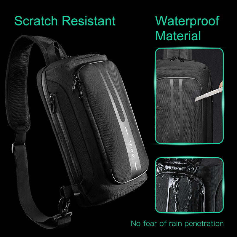 OZUKO-Bolso de pecho a la moda para hombre, bandolera antirrobo, resistente al agua, para exteriores, con carga USB
