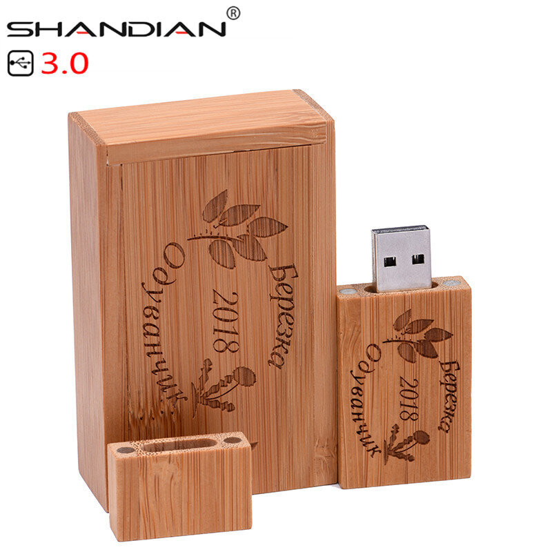 Shandian usb 3.0 木製の usb とボックス usb フラッシュドライブペンドライバーウッドチップペンドライブ 4 ギガバイト 16 グラム 32 ギガバイト 64 ギガバイトクレアティボ 1 個無料のロゴ