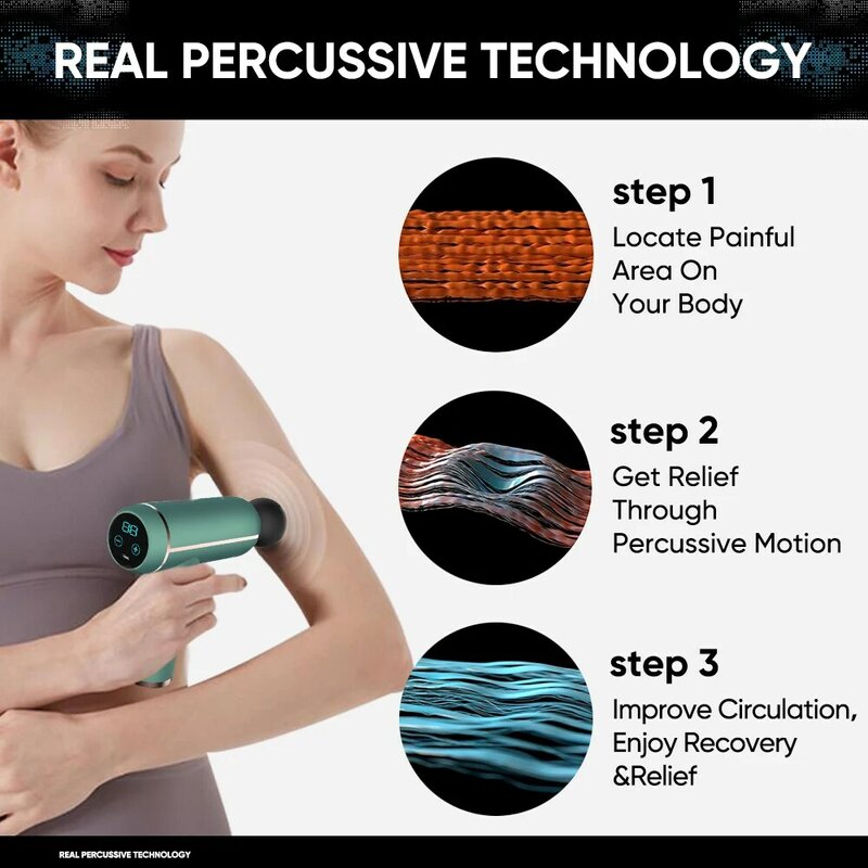 Mini pistola de masaje LCD, masajeador de percusión muscular de tejido profundo para aliviar el dolor, masaje muscular con vibraciones de alta intensidad