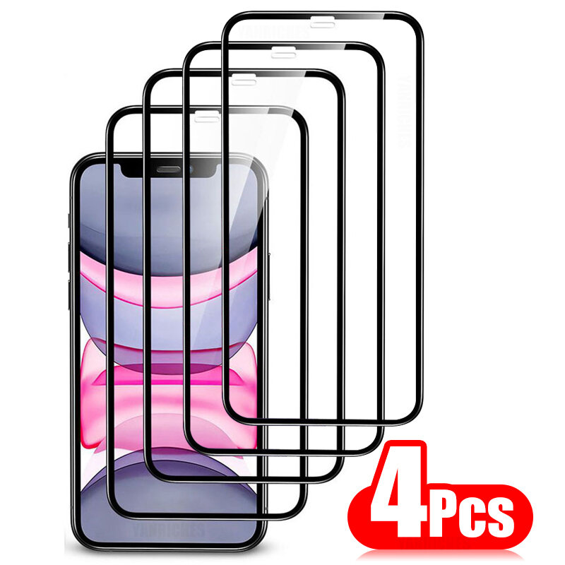 4 pçs cobertura completa de vidro protetor de tela para iphone 13 12 11 pro max para iphone 6 7 8 plus x xr xs max 13 mini vidro