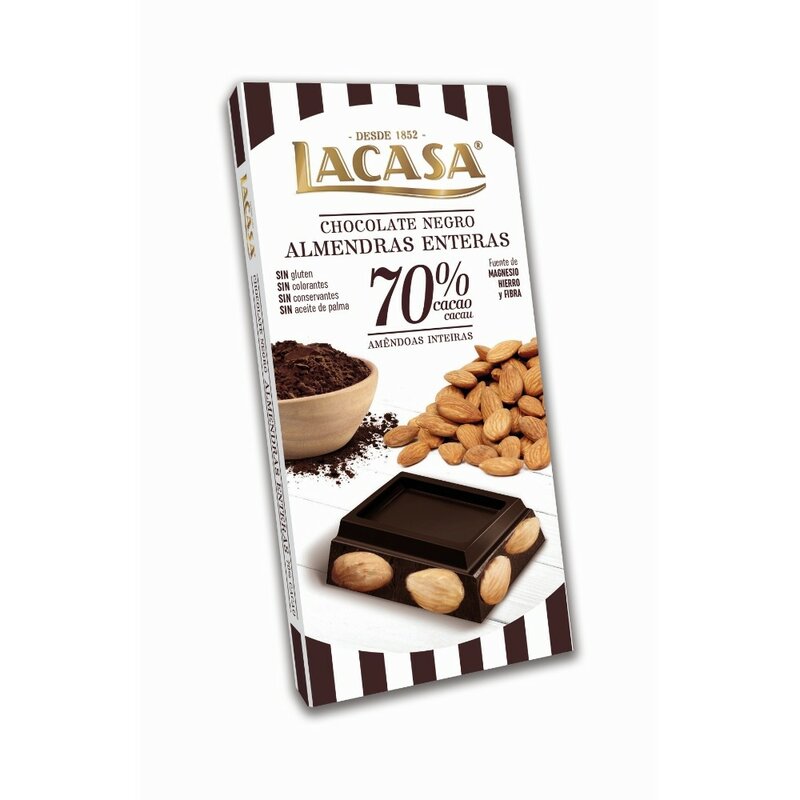 Tavoletta cioccolato nero 70% cacao con mandorle integrali 200 gr