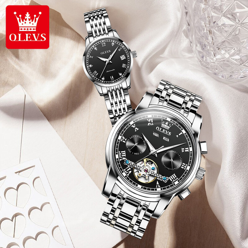 Роскошные мужские и женские часы OLEVS для пар, автоматические механические спортивные водонепроницаемые часы из нержавеющей стали с отображ...