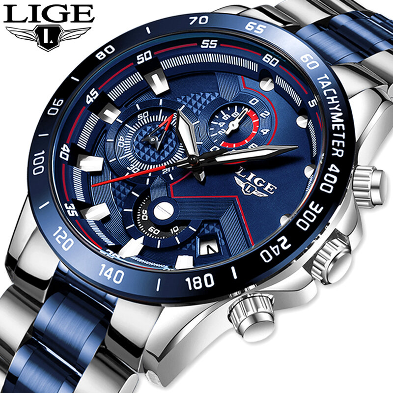 LIGE-남성용 비즈니스 아날로그 시계, 패션 스테인레스 스틸 스포츠 방수 야광 시계, 2021