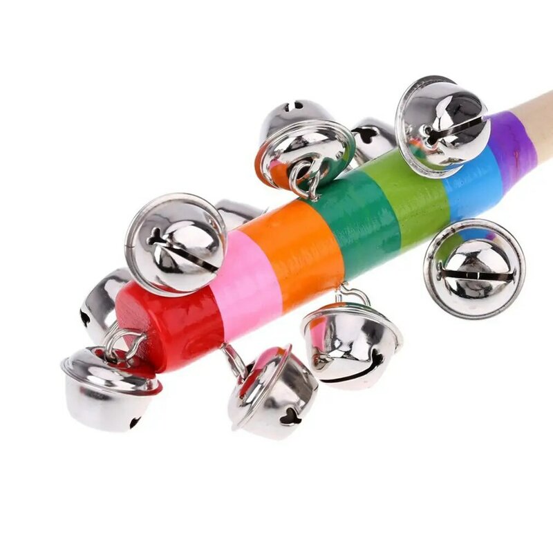 Hand Held Bell Stick Wooden with 10 Metal Jingles Ball Colorful Rainbow Percussion Musical Toy for KTV Party Kids Game