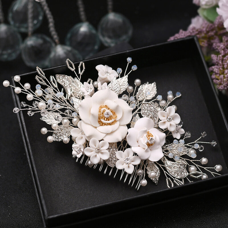 Zilveren Kristal Bruiloft Haar Kammen Bruids Haar Accessoires Voor Vrouwen Bloemen Hoofddeksels Bruid Haar Sieraden Sieraden