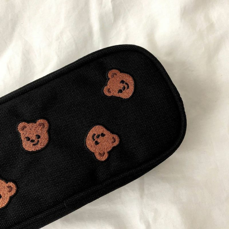 Kawaii Bear Embroidery Canvas Pencil Bag Pen Case Kids Gift Cosmetic Stationery