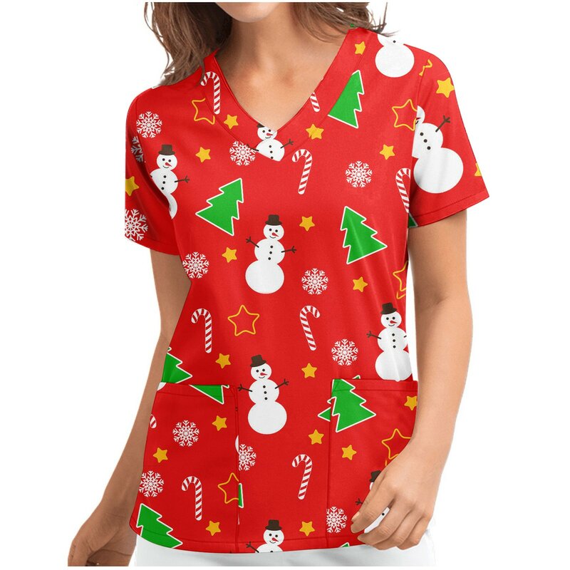 Natal impressão com decote em v manga curta enfermeira esfrega topos natal boneco de neve camisa de manga curta camiseta médico salão de beleza uniforme