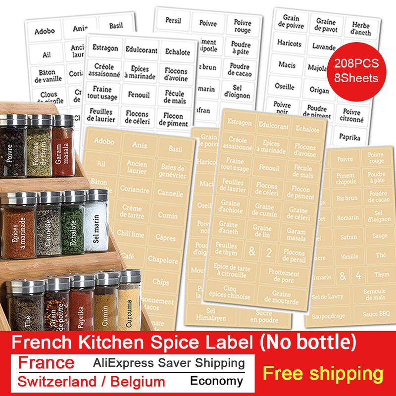 208PCS Spice Label Sticker Black And White Waterproof Pantry Organizaton Self Adhesive Labels Kitchen Jars Sticker For Cans