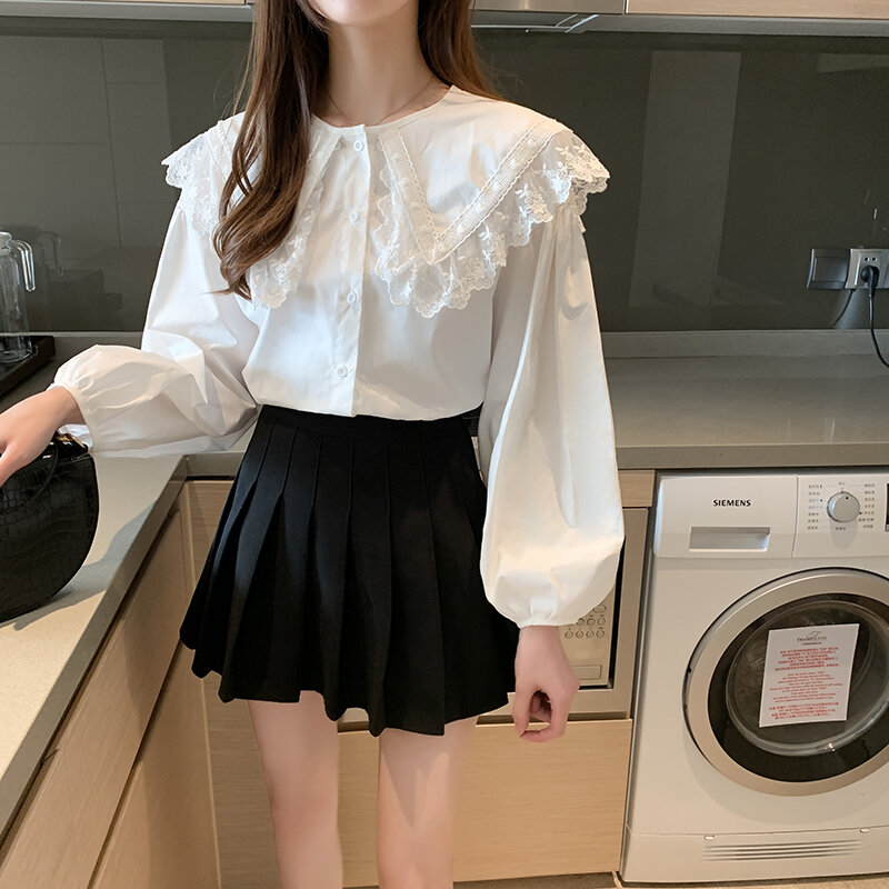 Tops de encaje de manga larga para mujer, pantalones cortos tipo farol de estilo coreano, camisa blanca con cuello de muñeca, blusa para mujer 2020 H 580