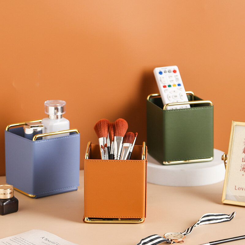 Escova de maquiagem balde penteadeira desktop caixa de armazenamento decoração nordic criativo couro simples escritório caneta titular