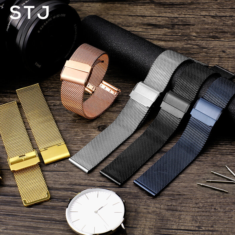 STJ Brand Stainless Steel Strap 12/13 14mm 16mm 18mm 19mm 20mm 22mm Watchband for Samsung Galaxy Watch Active Milanese Wristband