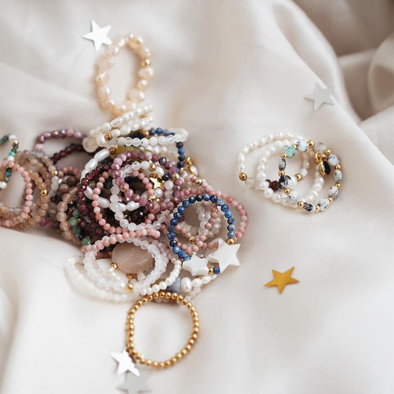 Momiji anéis artesanais de miçangas do boho, para mulheres e meninas da moda pedra natural, joias presentes atacado multi cores anel de casamento festa