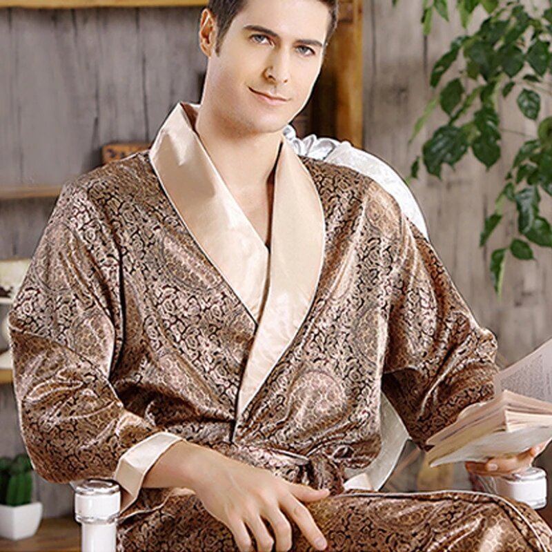 5XL Two-Piece Set Bathrobe satin Silk Luxury Robes Men Shorts Suit Kimono Home Thin Male Soft Cozy Long-Sleeved Bath Robe Gown