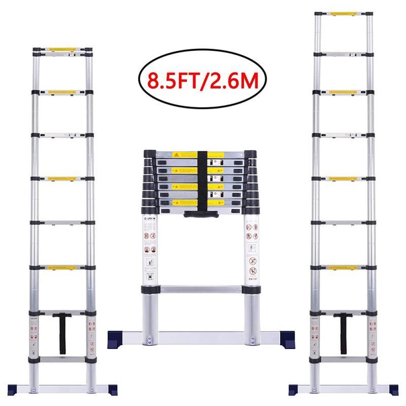 2.6M Telescopic Ladder Single Straight Ladder Home Portable Folding Ladder Project Thickened Aluminum Alloy One-word Ladder HWC
