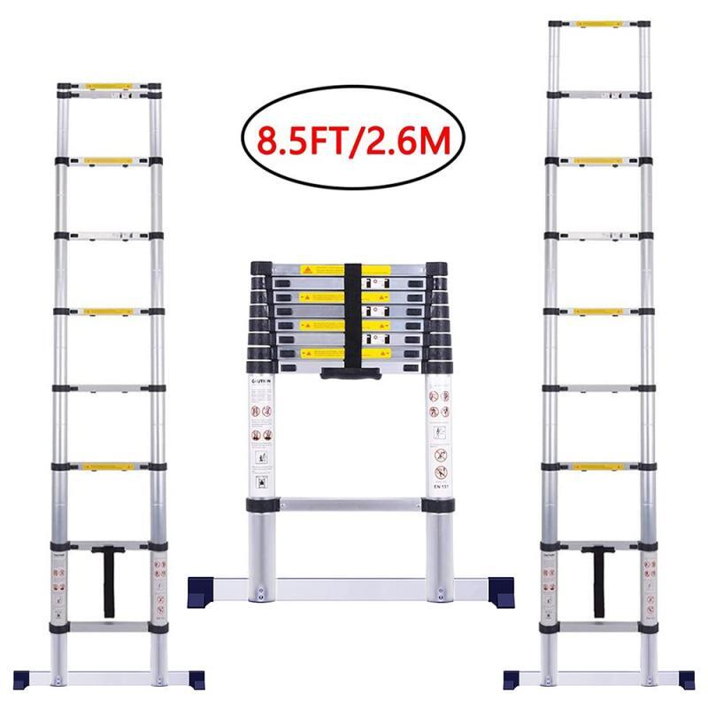 Escalera telescópica de 2,6 M para el hogar, escalera recta individual, plegable, portátil, gruesa, de aleación de aluminio, de una palabra, HWC