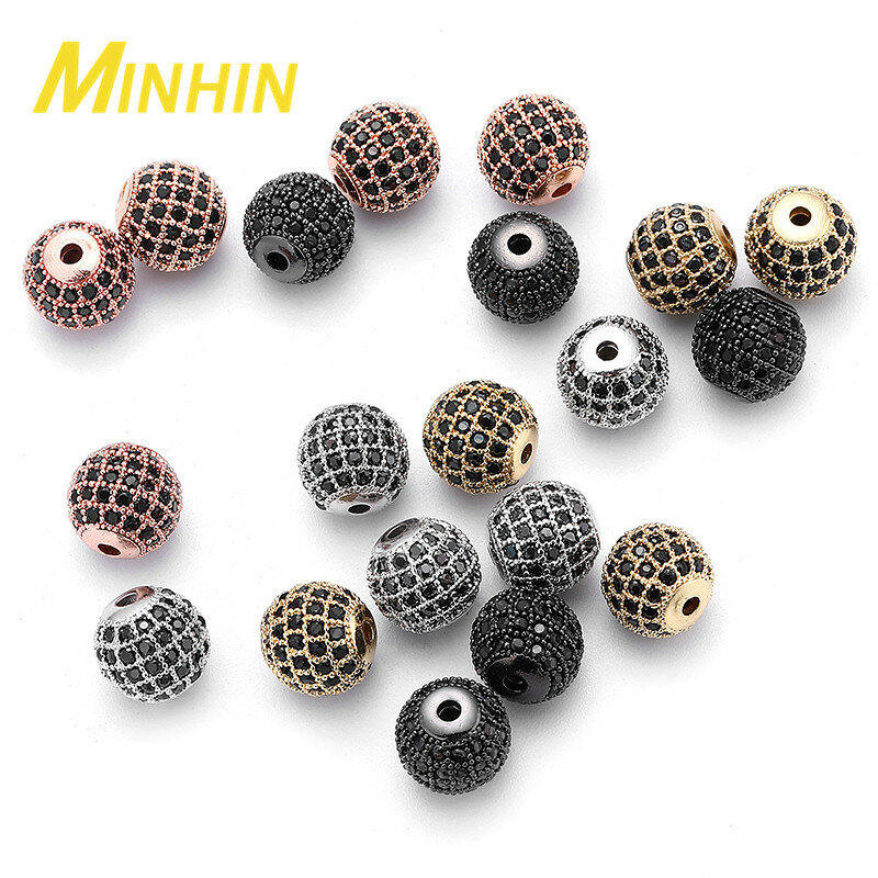 MINHIN 3 pçs/lote 10mm/12mm Luxo Micro Pave Zircon Spacer Beads para a Jóia DIY Rodada Encantos Forma de Bola para A Tomada de Pulseira