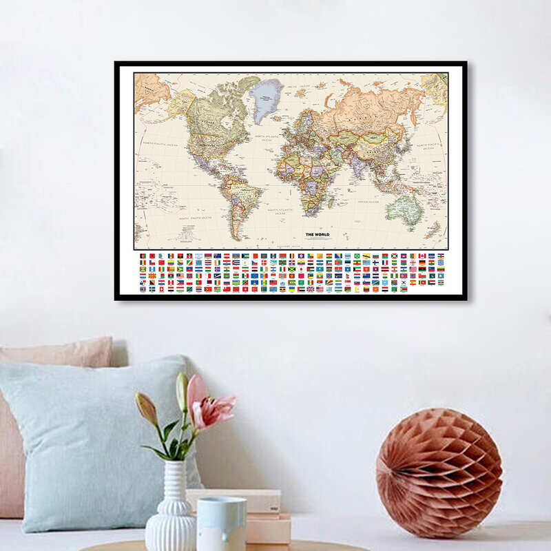 Mapa Retro del mundo con banderas nacionales, lienzo Vintage no tejido, póster Retro, decoración del hogar, suministros escolares, 84x59cm