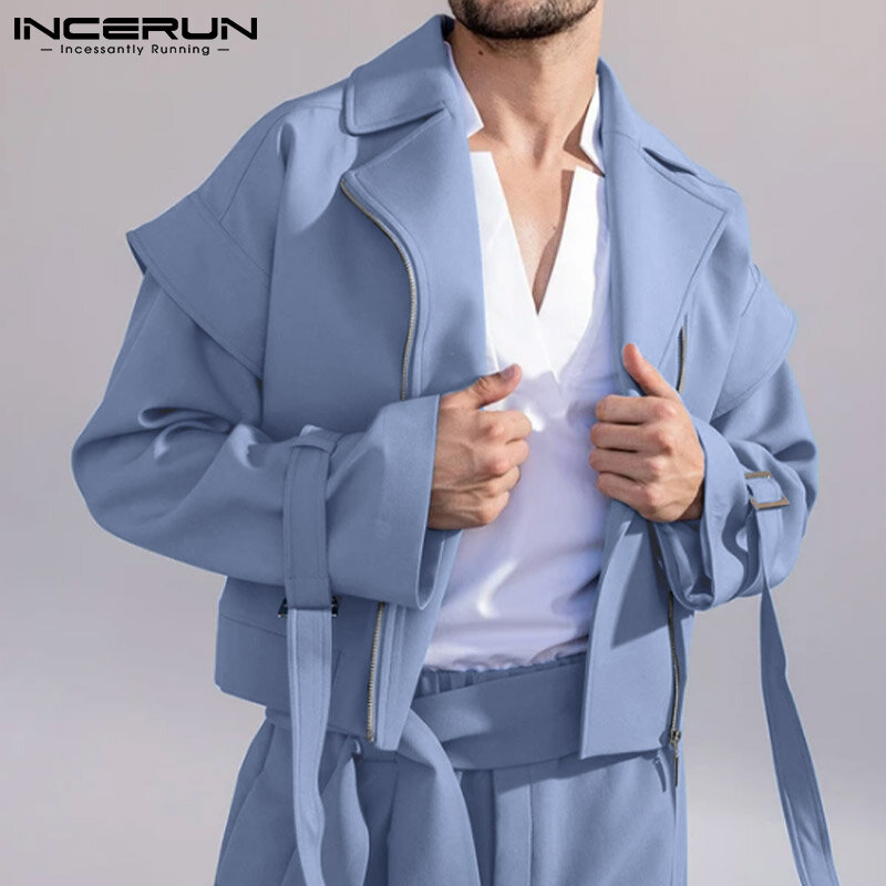 Przystojny dobrze dopasowany nowy mężczyzna zamek klapy kurtki ubranie koszule Party krótka modna kurtka duża z klapami S-5XL INCERUN topy 2021